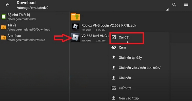 Nhấn Cài đặt Krnl VNG