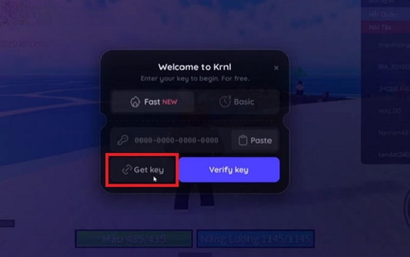 Nhấn vào biểu tượng Krnl để mở giao diện chính Krnl VNG